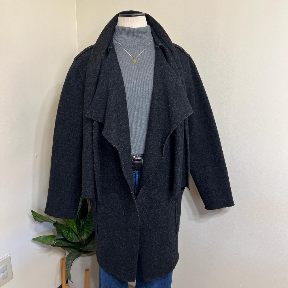 Cut Loose Charcoal Melange 100% Wool Draped Open Front Coat Made in USA Medium